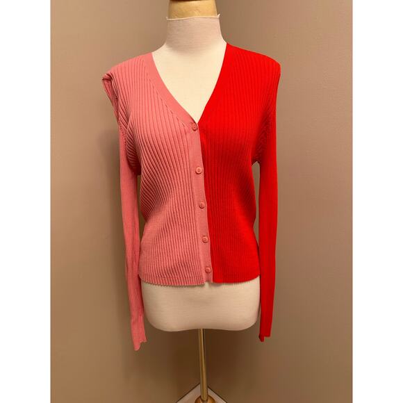 Lulus Dynamic Duo Pink and Red Color Block Ribbed Cardigan Sweater Sz XL - Picture 2 of 9